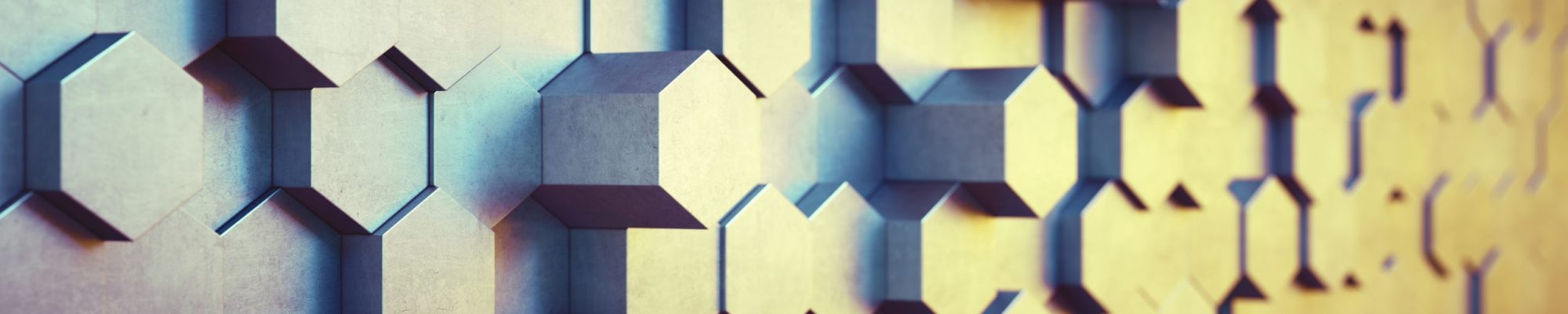 Side view on an abstract surface with metallic hexagon block shapes - wide horizontal composition