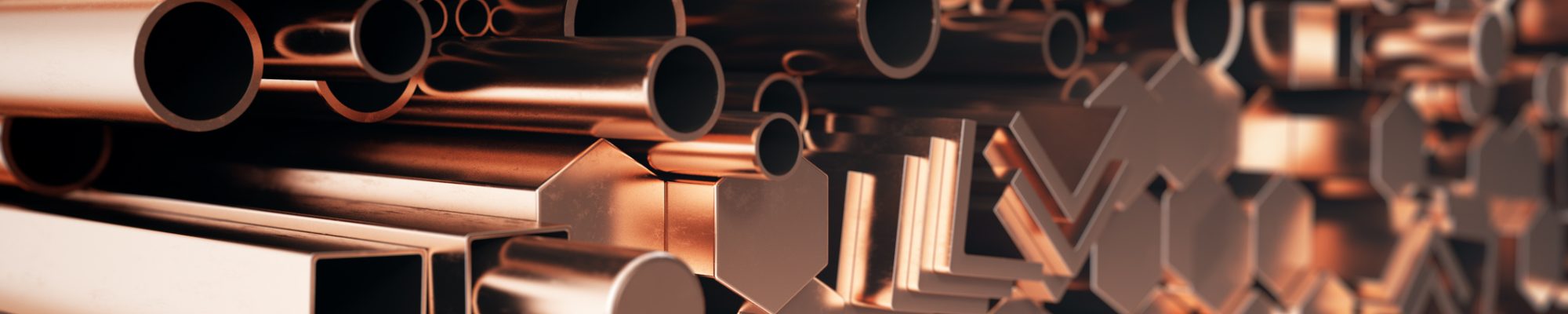 Cylindrical copper steel profiles, hexagonal copper steel profiles, square copper steel profiles. Different copper steel products. 3D illustration